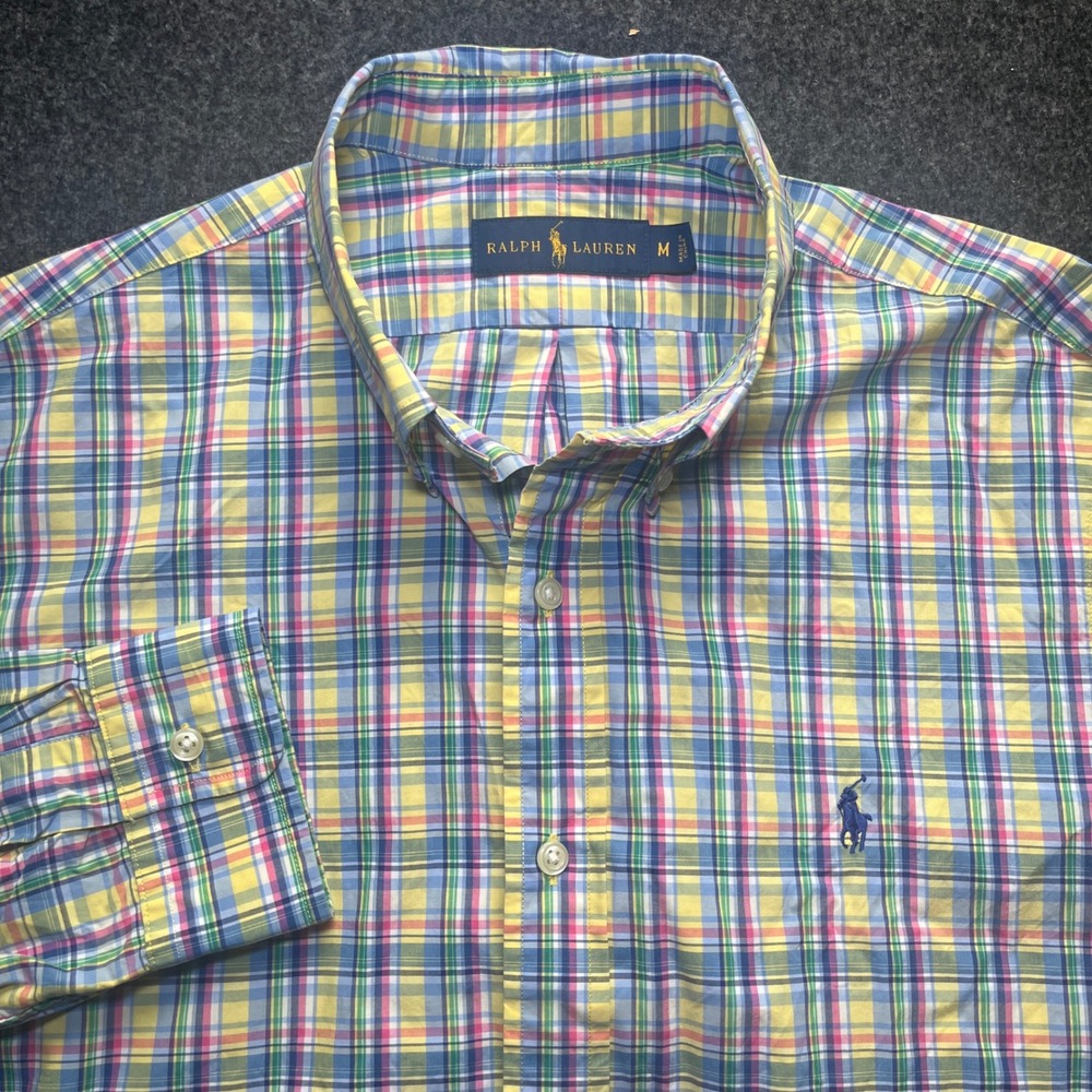Ralph Lauren Button Down Shirt Mens M Yellow Plaid Long Sleeve Cotton